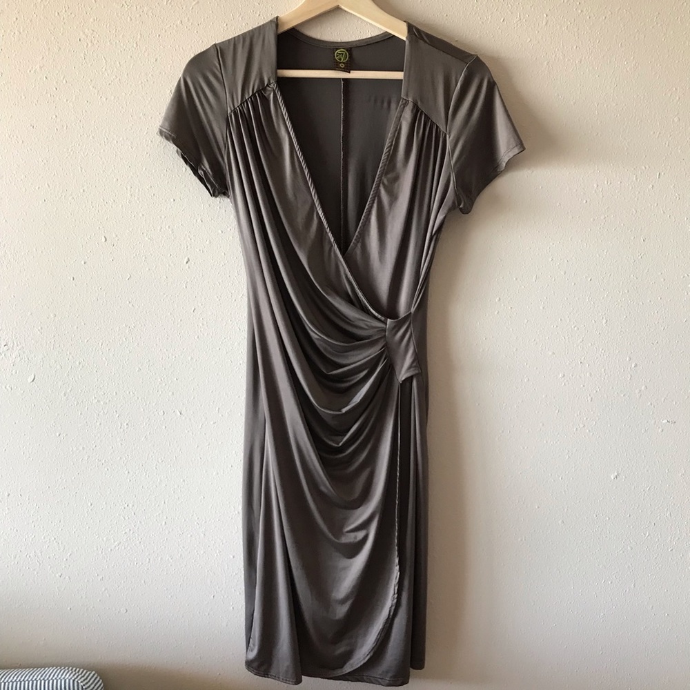 24/7 comfort apparel metallic low neck wrap dress